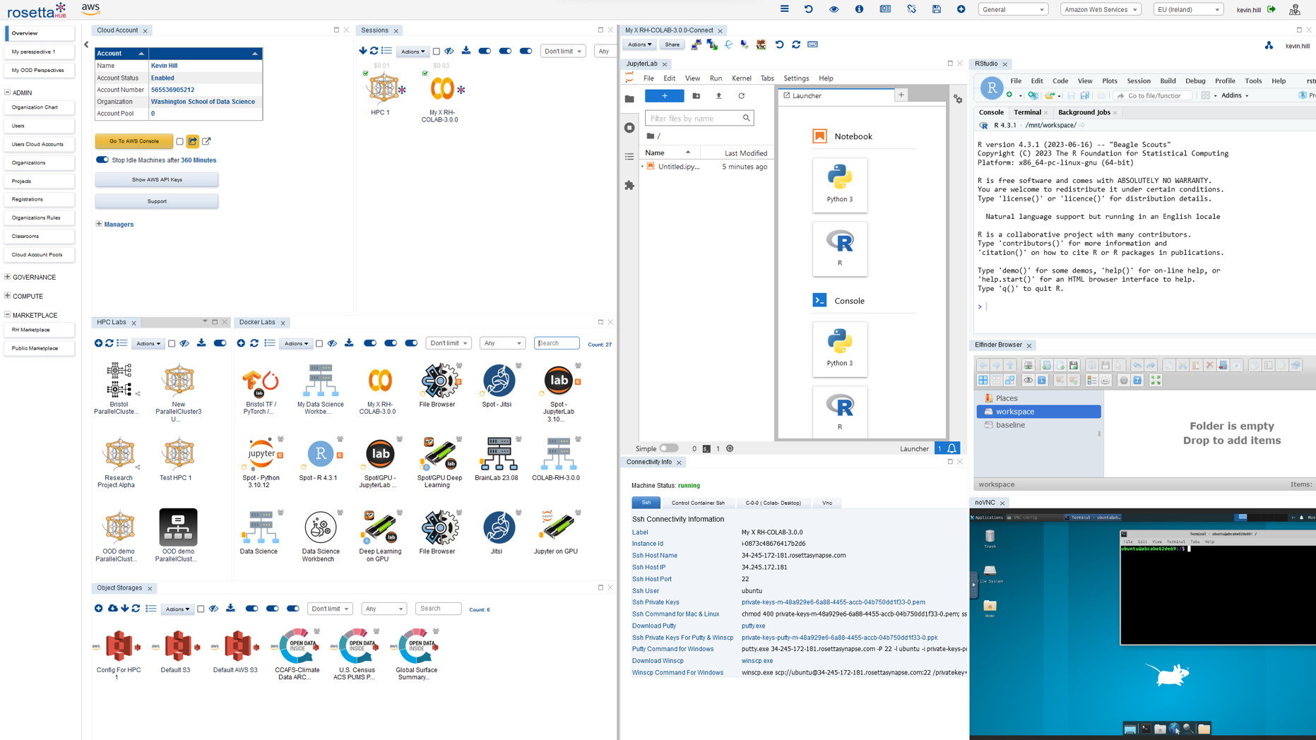 RosettaHub composable dashboard combining formations, sessions, cloud accounts, and FinOps views