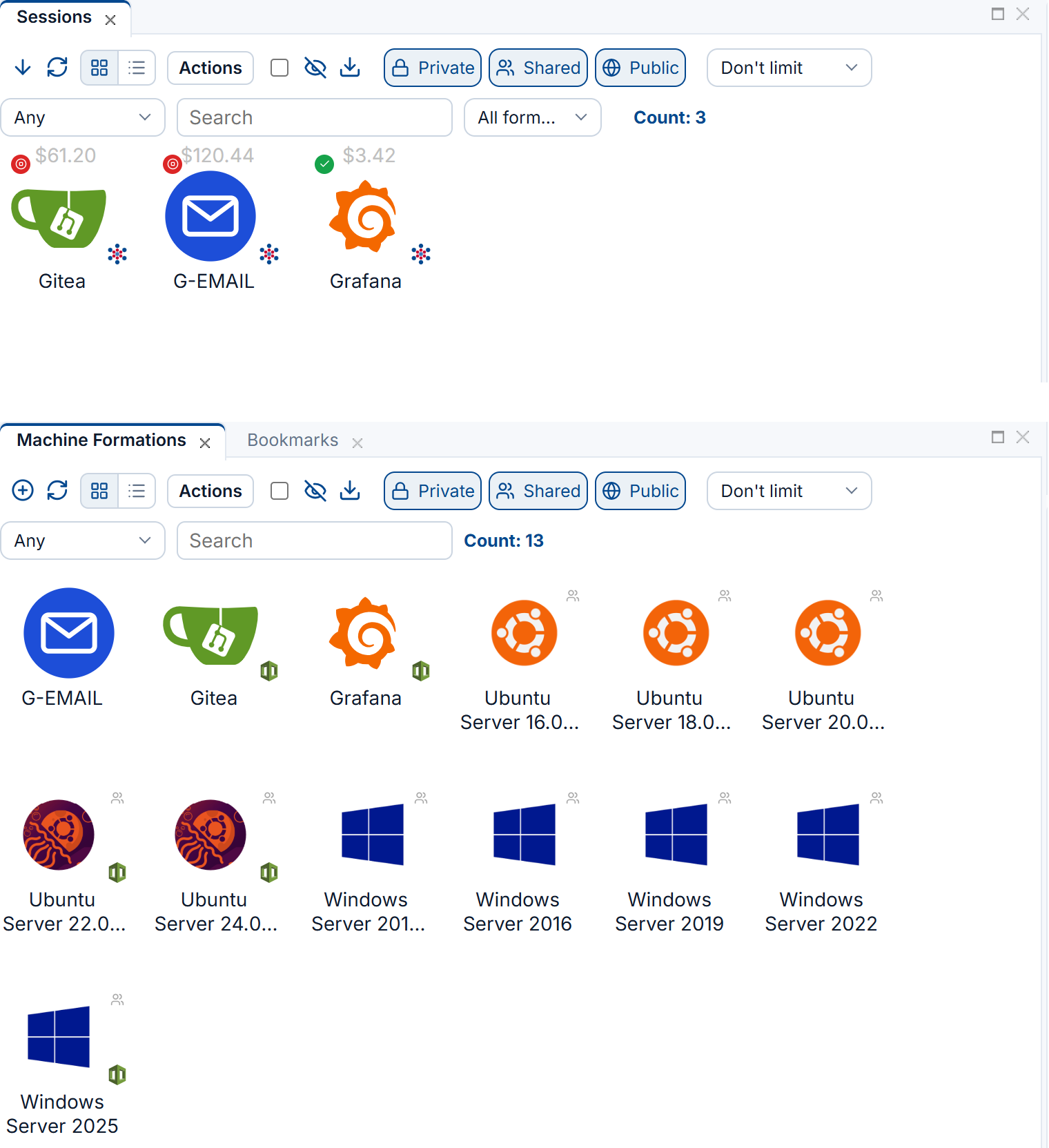 RosettaCloud: the running Gitea, G-EMAIL and Grafana sessions with what each has cost, above the catalogue of machine Formations including Grafana, Ubuntu Server and Windows Server